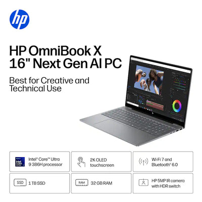 HP OmniBook X 16-BG0033DX - Intel Core Ultra 9 386H, 32GB, 16 Inch 2K (2048 x 1280) OLED TouchScreen 120Hz, NVIDIA GeForce RTX 5050 8GB, Windows 11, Meteor Silver