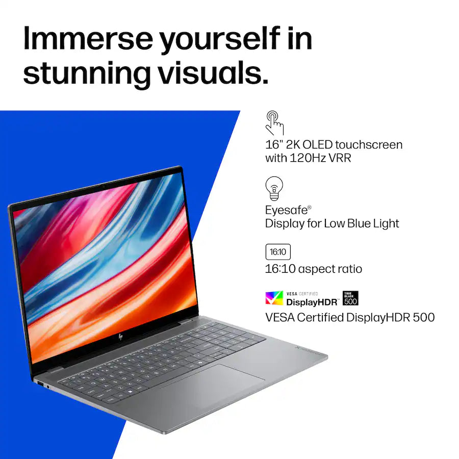 HP OmniBook X 16-BG0033DX - Intel Core Ultra 9 386H, 32GB, 16 Inch 2K (2048 x 1280) OLED TouchScreen 120Hz, NVIDIA GeForce RTX 5050 8GB, Windows 11, Meteor Silver