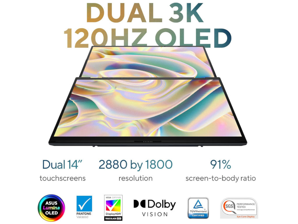 ASUS Zenbook Duo Dual OLED Laptop, Intel Ultra 9 285H, 32GB, 1TB SSD, Dual 14 Inch OLED WQXGA+ 120Hz, Inkwell Gray