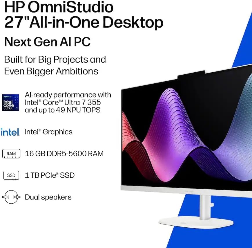 HP OmniStudio 27-cy0074 All-in-One Desktop AI PC 27 Intel Ultra 7 355, 16GB, 1TB SSD, 27 Inch FHD Touchscreen, Win 11, HP KB & Mouse Combo, Cotton White