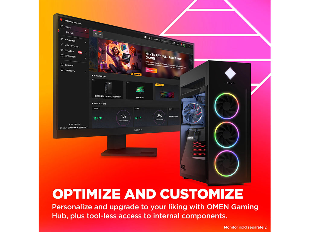 HP OMEN 45L Gaming Desktop GT22-3000t Intel Core Ultra 9 285K, Nvidia RTX 5XXX Series, Front Bezel Black Glass with RGB liquid cooler, Black