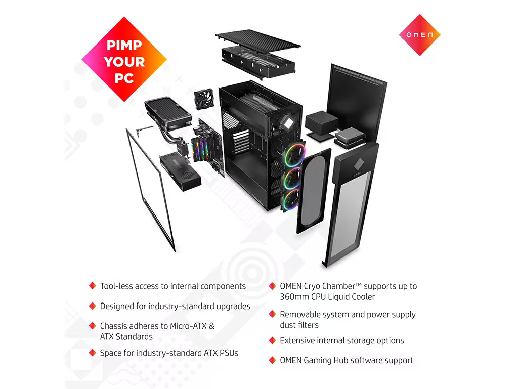 HP OMEN 45L Gaming Desktop GT22-3000t Intel Core Ultra 9 285K, Nvidia RTX 5XXX Series, Front Bezel Black Glass with RGB liquid cooler, Black