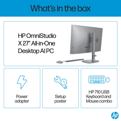 HP OmniStudio X All-in-One Desktop AI PC 27 Intel Ultra 7 155H, 16GB, 1TB SSD, 27 Inch FHD Touchscreen, Win 11, HP KB & Mouse Combo, Silver (Pre-Order)