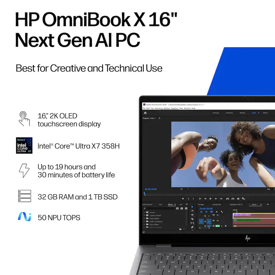 HP OmniBook X Copilot+ PC Laptop 16-BG0013DX Intel Ultra X7 358H, 32GB, 16 Inch 2K OLED Touchscreen, Windows 11, Meteor Silver