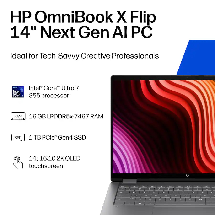 HP Omnibook X Flip 14-Kb0023dx 2-in-1 Laptop, Intel Core Ultra 7 355U, 16GB Ram, 14” 2K OLED Touchscreen, Windows 11, Meteor Silver