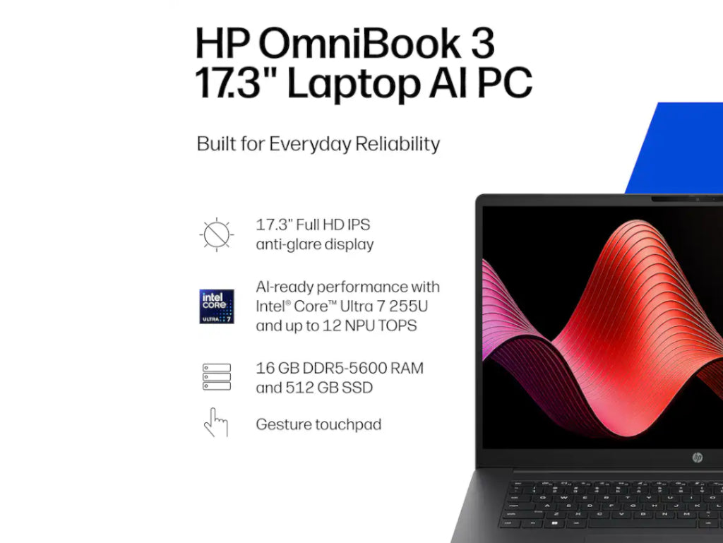 HP OmniBook 3 AI PC 17-dg0000, Ultra 7-255U, 17.3 Inch FHD, Windows 11, Mica Silver