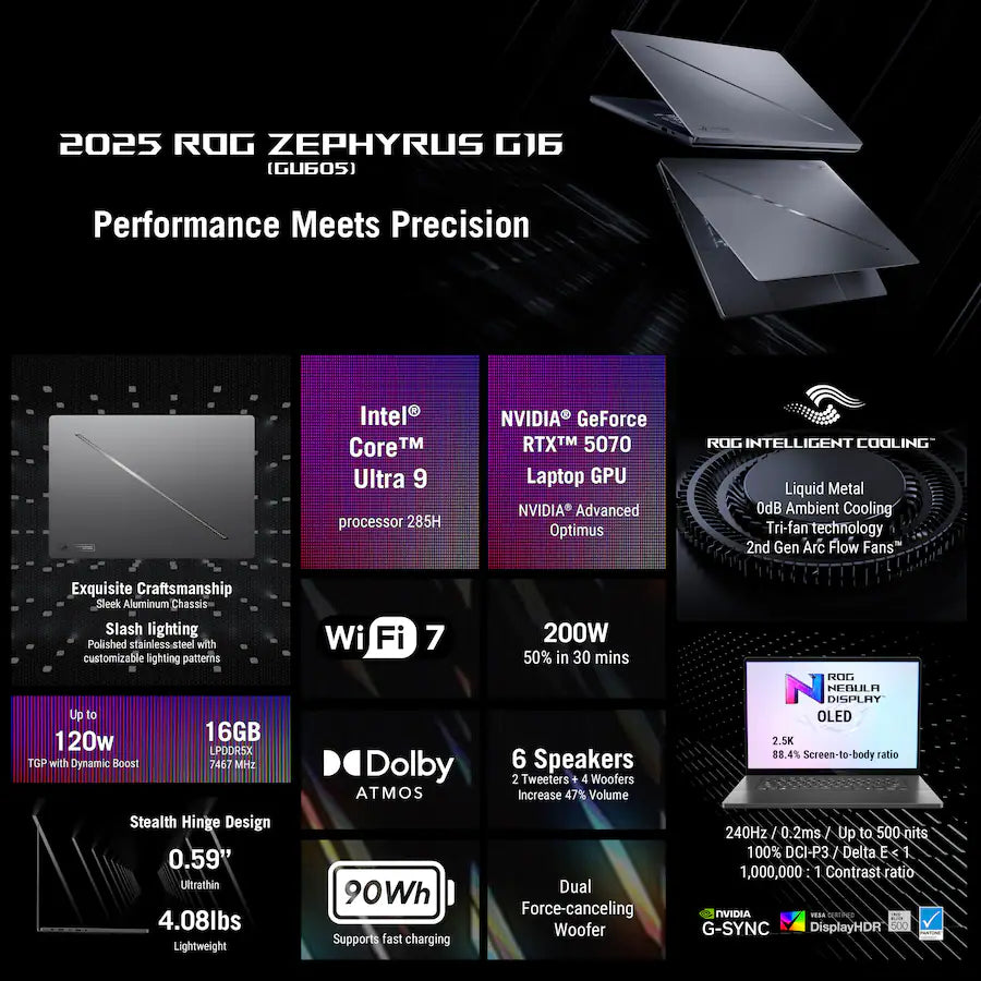 ASUS ROG Zephyrus G16 Gaming Laptop Intel Ultra 9 285H, 16GB, 16 Inch 2.5K OLED 240Hz, NVIDIA RTX 5070 8GB, Windows 11, Eclipse Gray